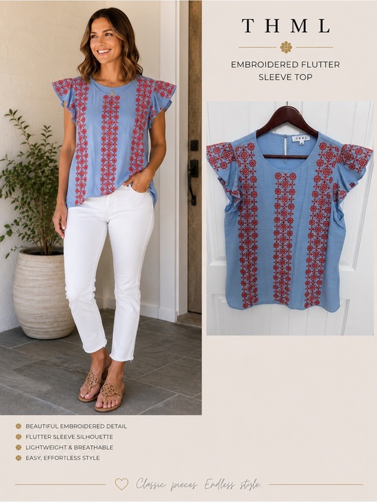 THML Tops - THML Light Blue Embroidered Flutter Sleeve Blouse Size Large